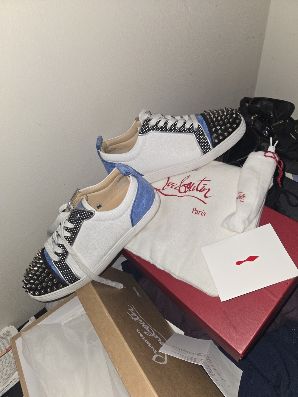 Christian Louboutin White, Black & Blue Spike-Embellished Low Top Sneakers